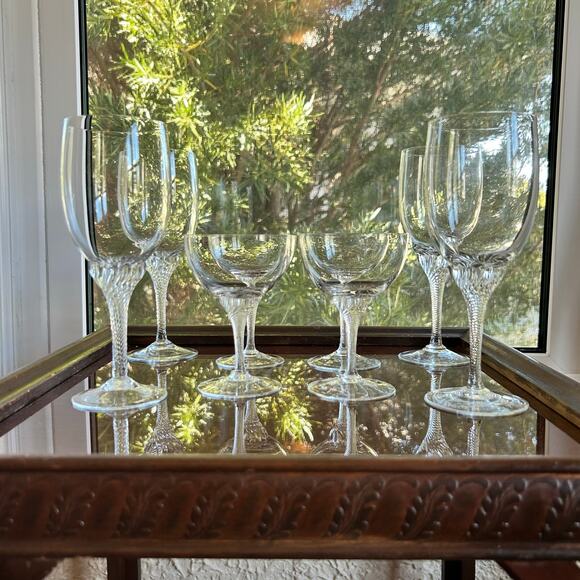 Vintage Twisted Stem Crystal American Cut Roberto Water & Coupe Glasses Set 8 - Picture 2 of 15